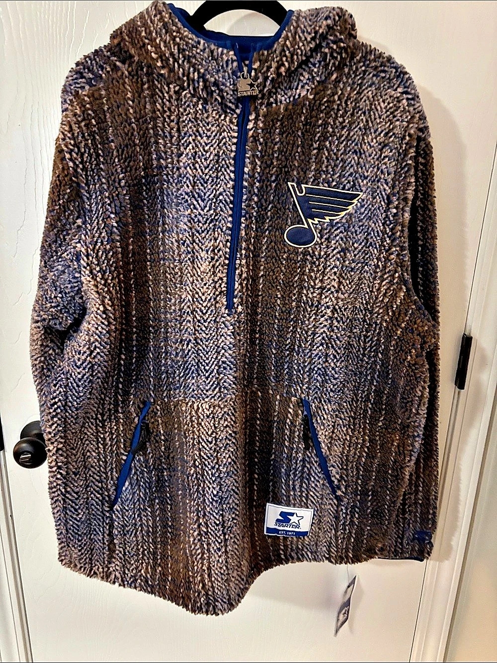 Starter Gus Pullover Jacket Plaid Pullover Jacket Blue & Brown Size Large NWT
